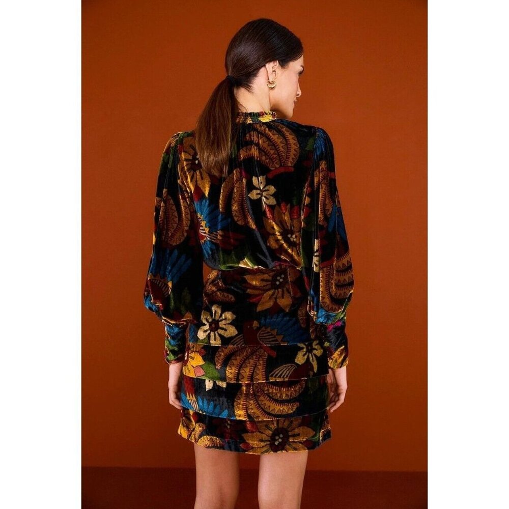 FARM Rio Macaw Ballet Velvet Mini Dress S Long Sleeve Party Floral High Neck - Picture 4 of 15